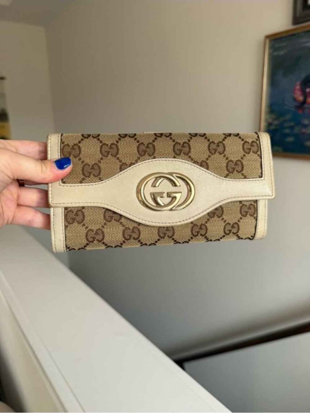 Gucci Beige GG Canvas Continental Wallet with Cream Trim and Gold Logo